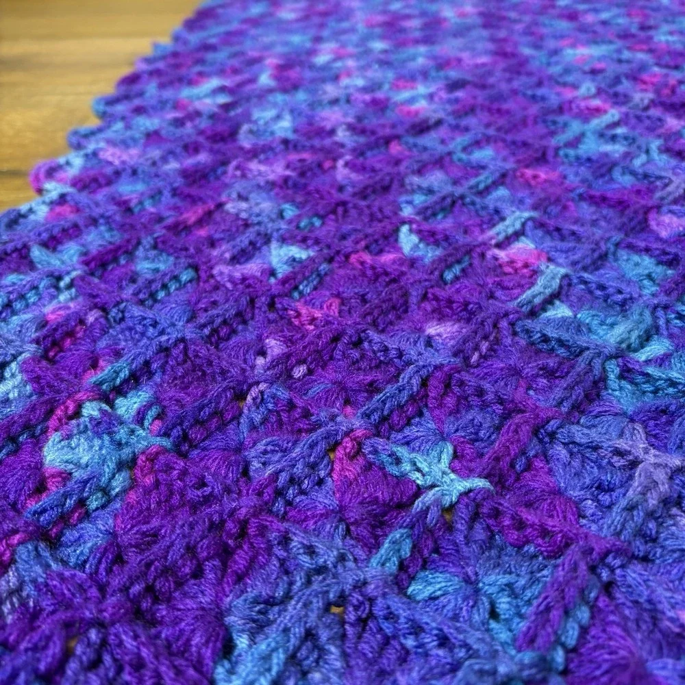 Handmade Crochet Blue Purple Pink Granny Square Style Retro Afghan Blanket VTG‎